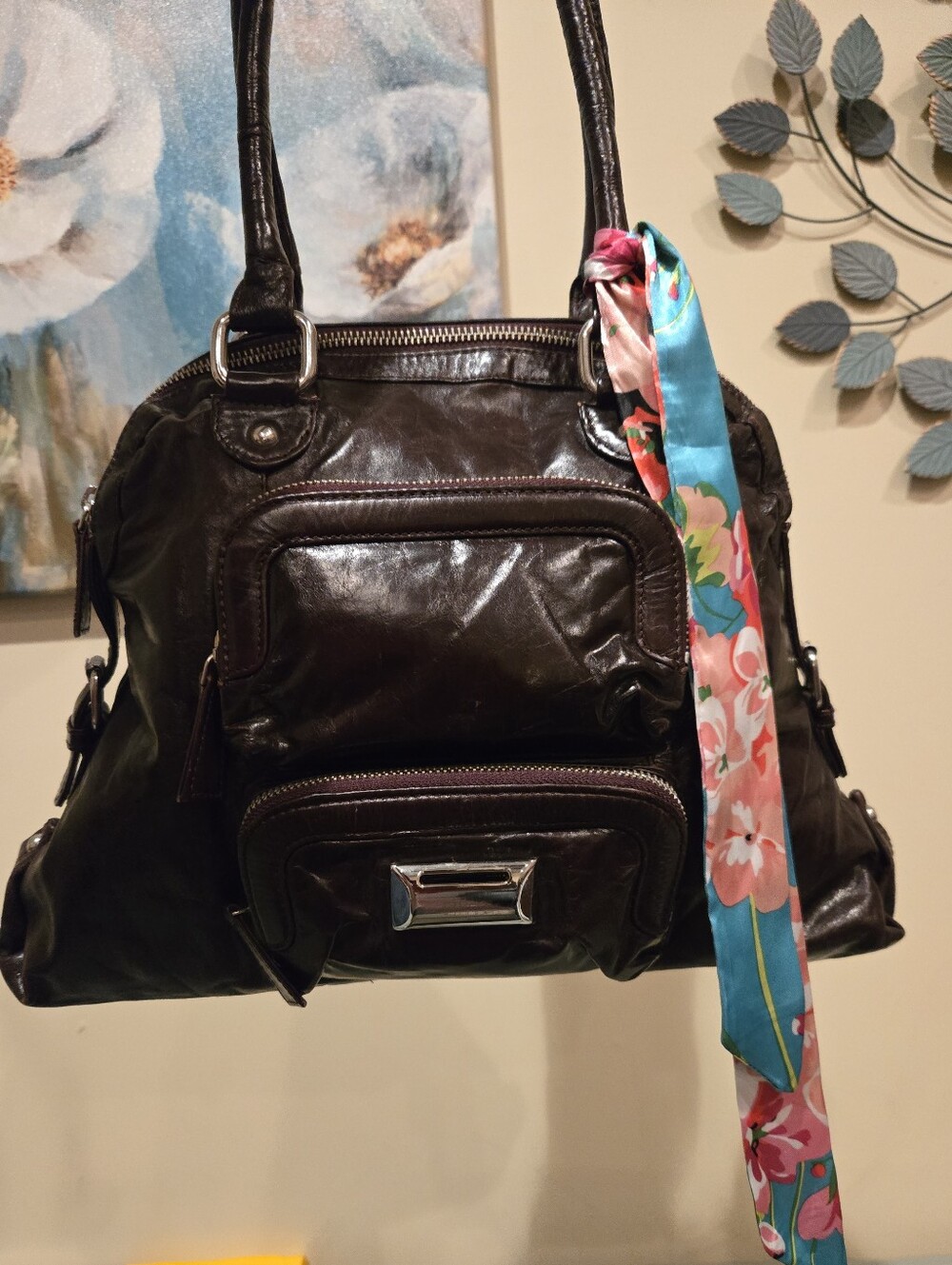 latico Dark Brown Leather Shoulder Bag with Blue Floral Scarf